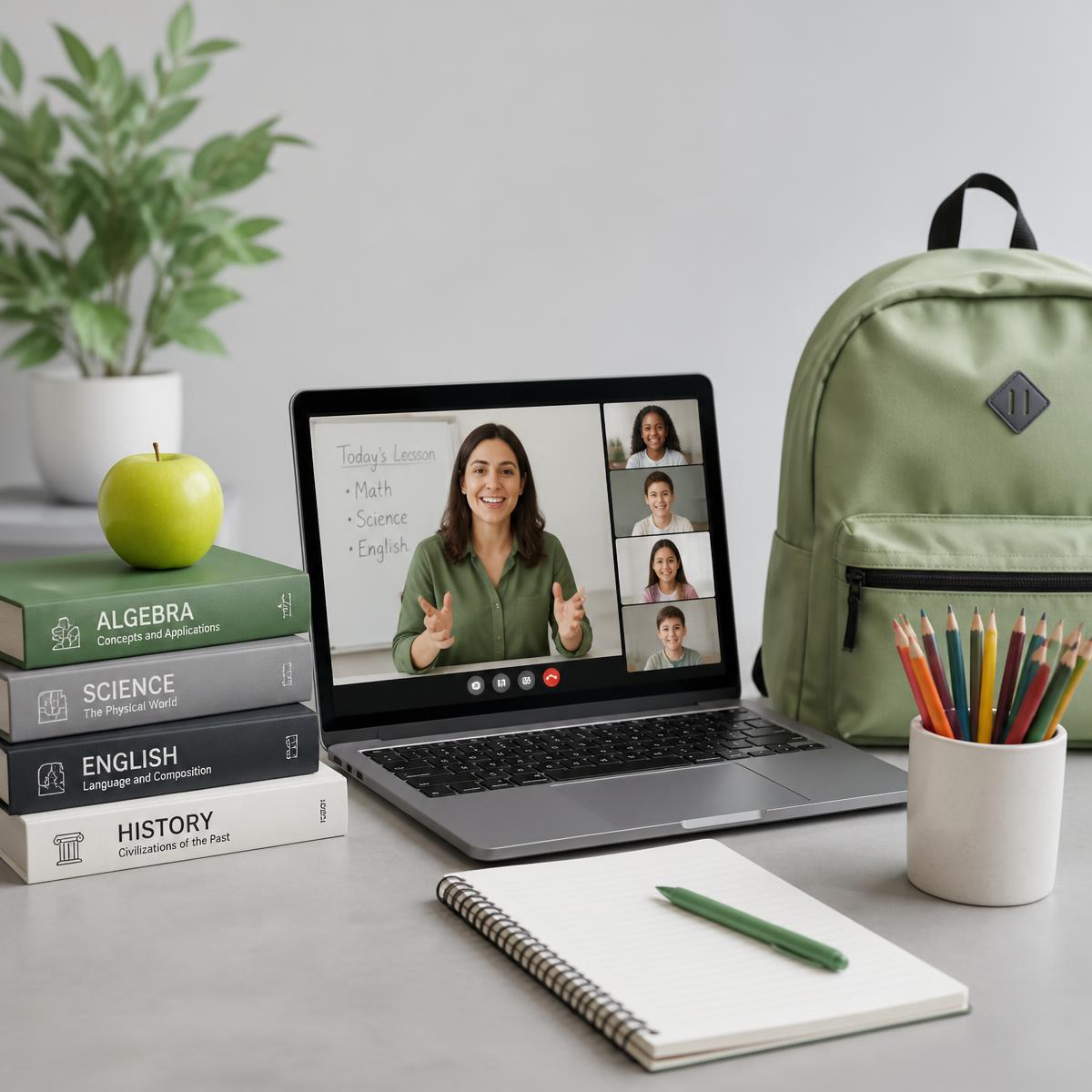 Textbooks, a laptop in a virtual classroom session, and school supplies on a desk