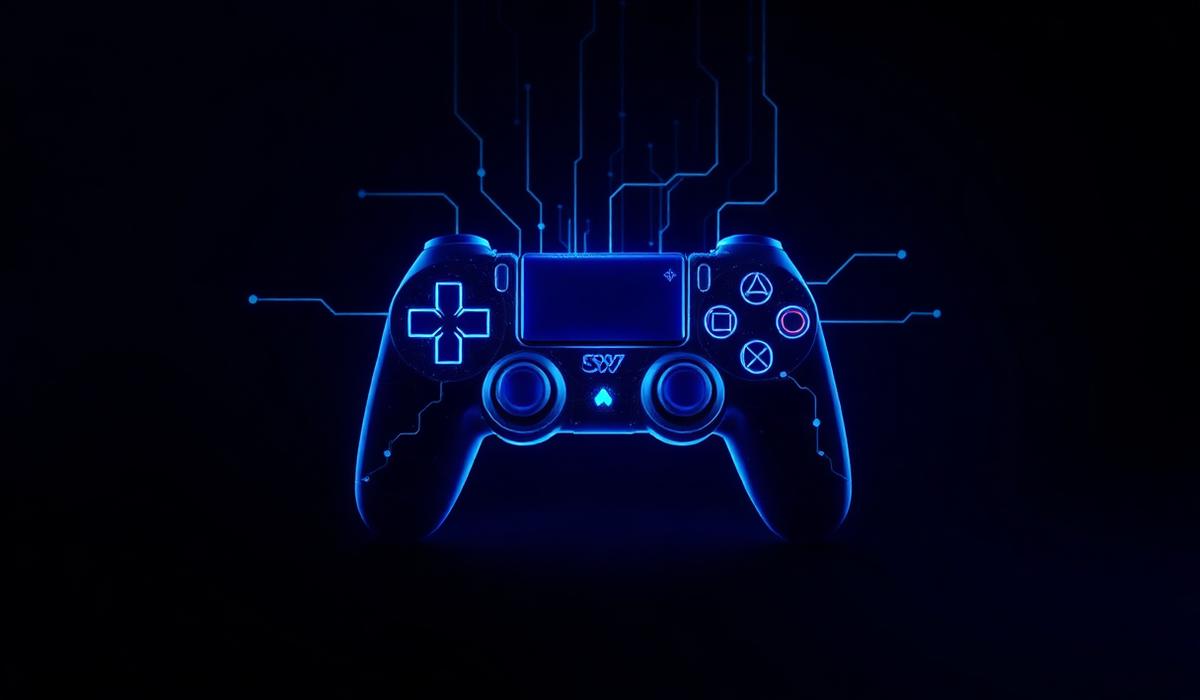 Glowing blue game controller wired into a circuit-board pattern on a dark background