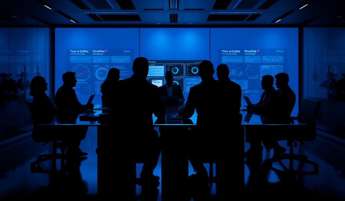Silhouetted executives around a glass table in front of blue dashboard screens