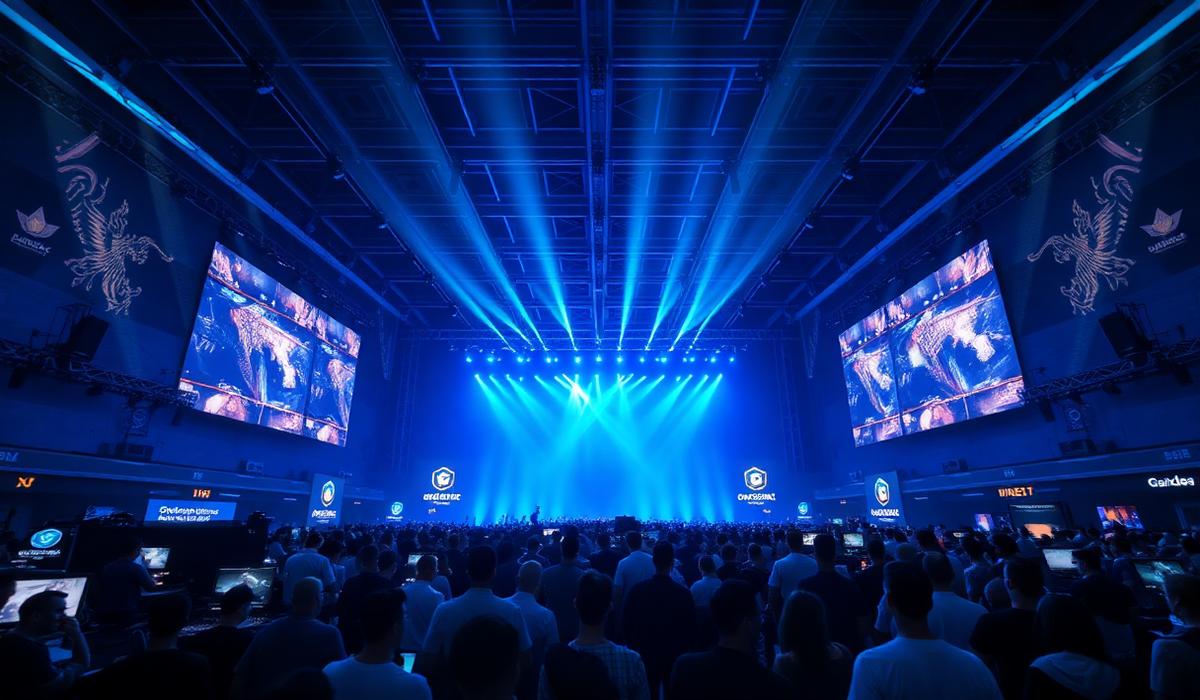 Wide view of a gaming conference hall lit in blue with large screens and crowds