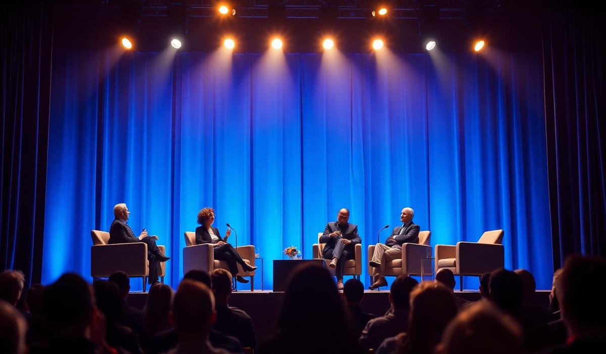 Four panelists seated on a blue-lit conference stage in front of an audience