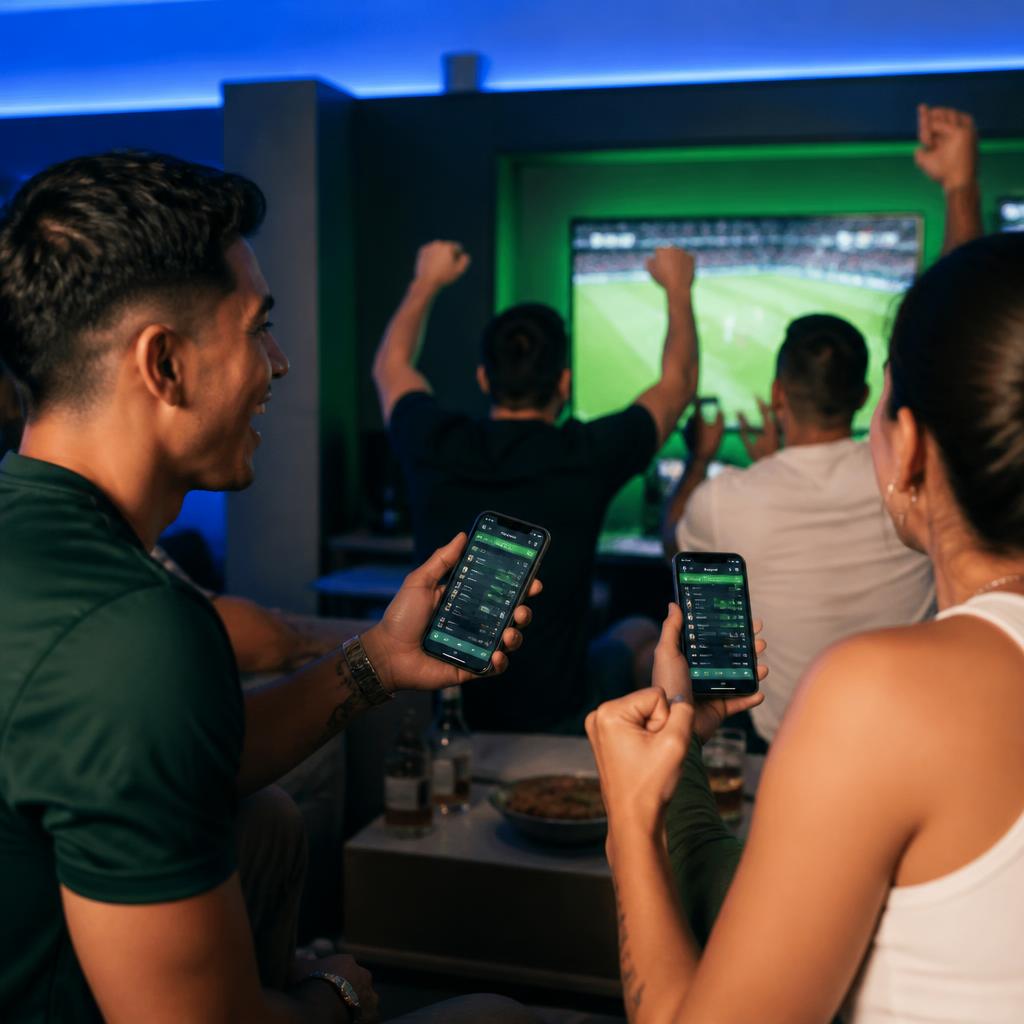 Friends watching a live game together while following odds on their phones