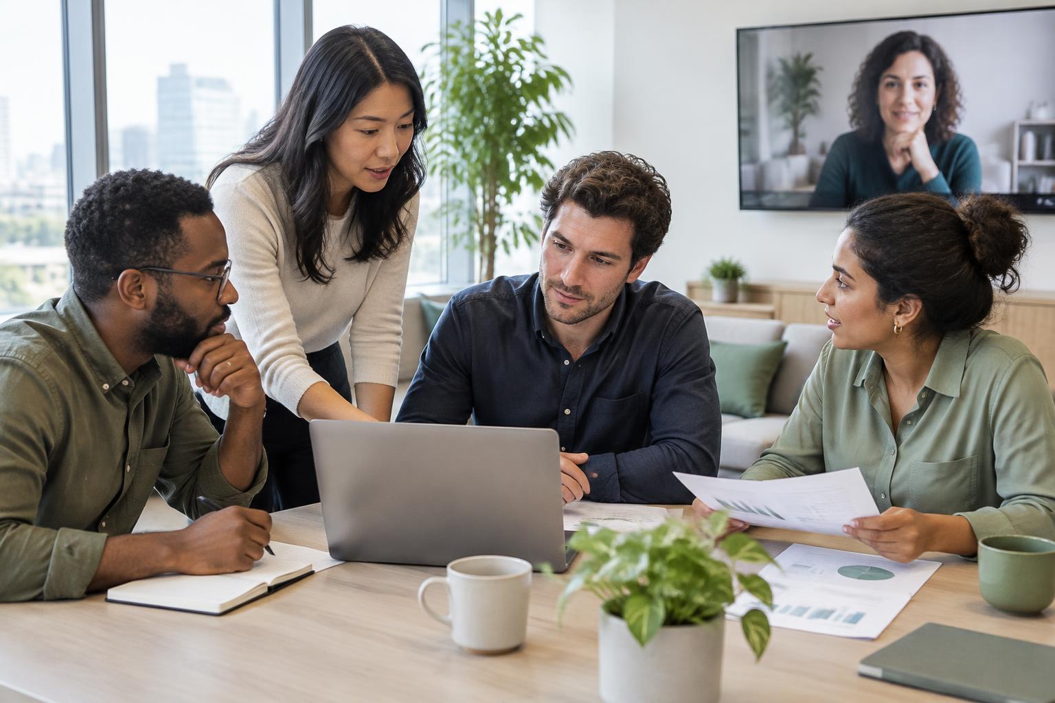 Colleagues collaborating around a laptop with a remote teammate joining by video