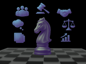 Abstract image of a chess piece on a chessboard, surrounded by icons representing people, policy, chat, moderation, balance and analytics