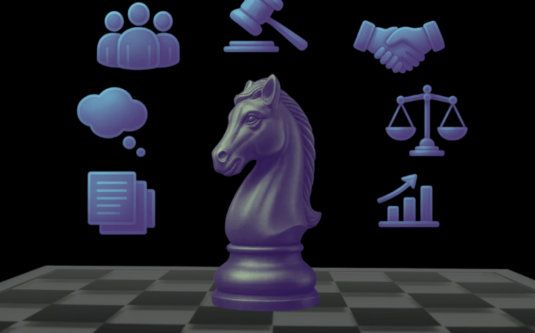 Abstract image of a chess piece on a chessboard, surrounded by icons representing people, policy, chat, moderation, balance and analytics